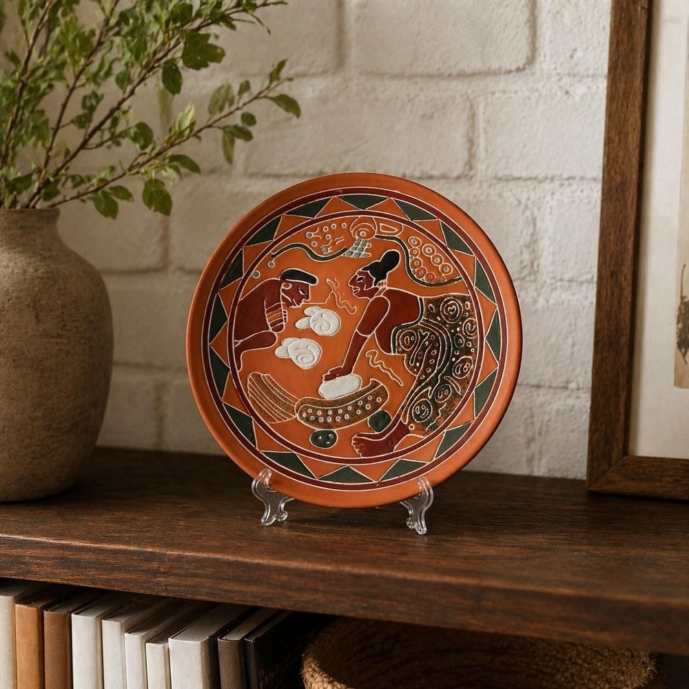 Vintage Mexican Sgraffito Terracotta Wall Plate 10.5 Mayan PreColumbian Folk Art